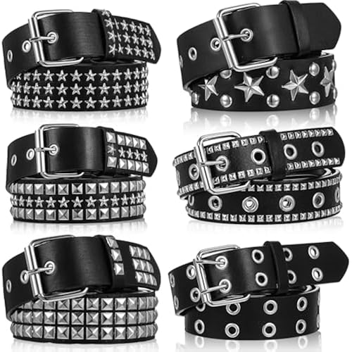 6 Pcs Black Studded Belt, Studded Rivet Belt for Women Men, Metal Punk Rock Rivet Belts Y2K Gothic Belts with Bright Pyramid Studs, Ideal Gift (6 Styles, 49 Inch)