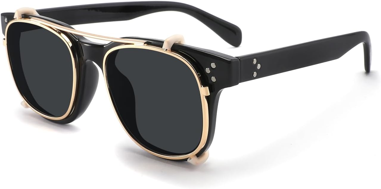 Technigadgets Yael Clip-On Polarized Sunglasses Mens Vintage Round Sun Glasses Outdoor Fashion Eyewear For Driving Fishing Biking UV Protection Mens Gift Black/Black