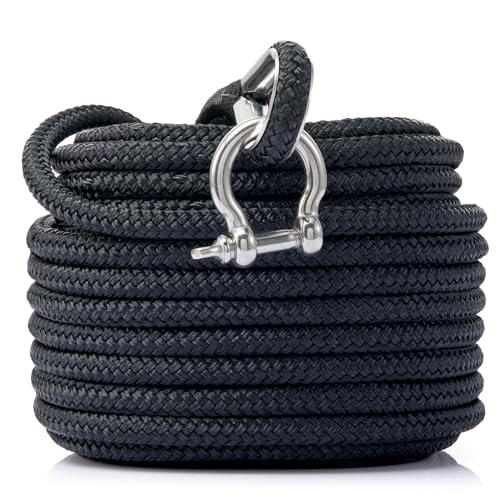 RainierSupplyCo Boat Anchor Rope - Double Braided Marine Rope Anchor Line - 50 ft x 1/4 Inch Nylon Boating Line with 316 Stainless Steel Thimble and Heavy Duty Marine Grade Bow Shackle - Black
