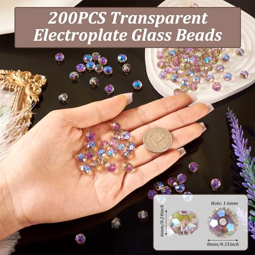 Crafans 200Pcs Faceted Crystal Rondelle Transparent Glass Beads 8MM Rainbow Plated Chunky Loose Spacer Bulk Beads for Jewelry Making Violet - Image 4