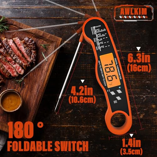 Image of AWLKIM Meat Thermometer Digital, Instant Read Food Thermometer, Orange | Waterproof cooking thermometer with doneness chart, backlight, F /C switch for BBQ, candy, oil