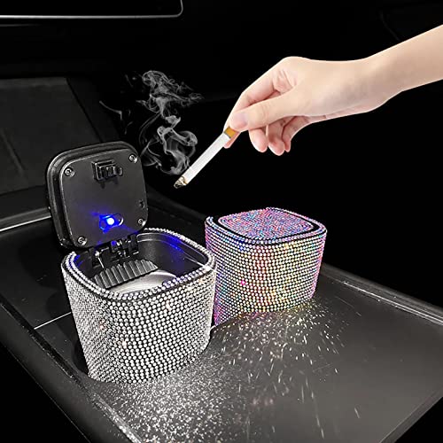 Flyss Smell Proof Crystal Diamond Car Ashtray With Lid Blue Led Light Bling Portable Mini Trash Can For Cylinder Cup Holder White #TOP4