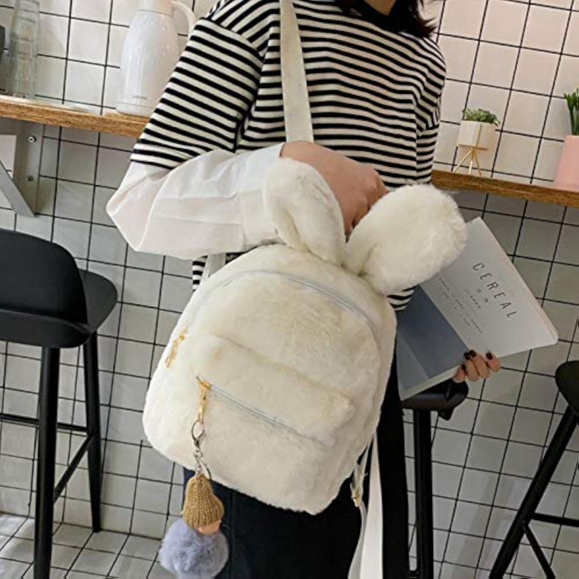 Cute Faux Fur Rabbit Ear Daypack for Women