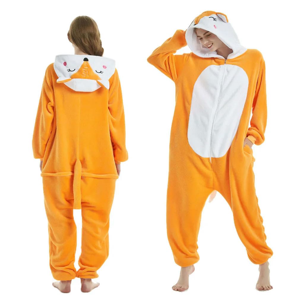 NYSDM Fox Orange Sleep Onesie Tuta con Cappuccio per Adulti Lounge Wear Pigiama Divertente da Donna Pigiama Giallo Abbigliamento per la casa Pigiama di Halloween