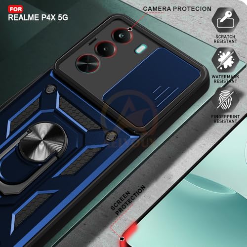 Image of Armor Bumper Back Cover Case for Realme P4X 5G Rotating Camera Cover, Ring Holder & Kickstand | Heavy Duty & 360 Degree Protection Realme P4X 5G Back Cover (Blue)