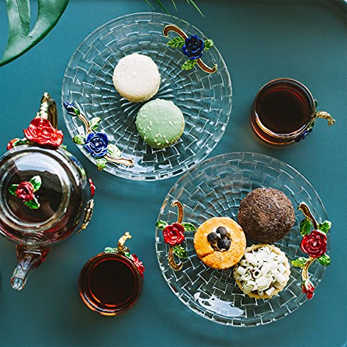 Btat- Dessert Plates, 6 Inch, Set Of 2, Glass Dessert Plates With Blue And Red Flowers And Gift Box, Round Glass Plate, Glass Dessert Plates, Glass Saucer, Glass Round Plate, Mother's Day Gift #TOP2