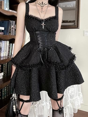 TSMNZMU Womens Pleated Halter Mini Dress Gothic High Waist A-Line Dresses Double Layer Laced Cross Fairy Dress Bandage2