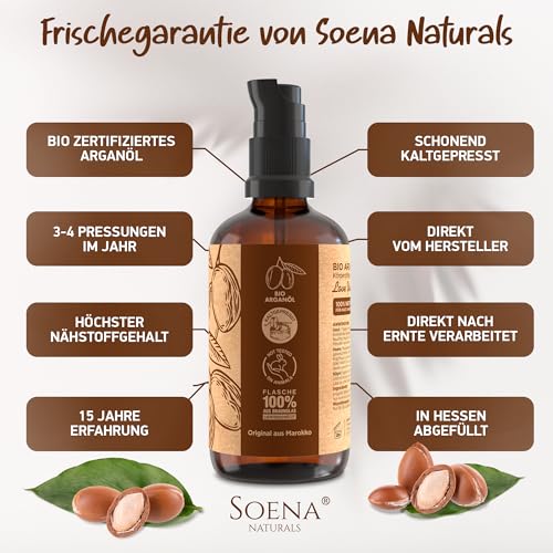 ARGANÖL BIO KALTGEPRESST | 100% Rein | Für Haare Haut & Nägel | Pipette+Pumper | Original aus Marokko | 100ml im lichtgeschützten Braunglas | Für Kosmetik | Feuchtigkeitspflege von Soena