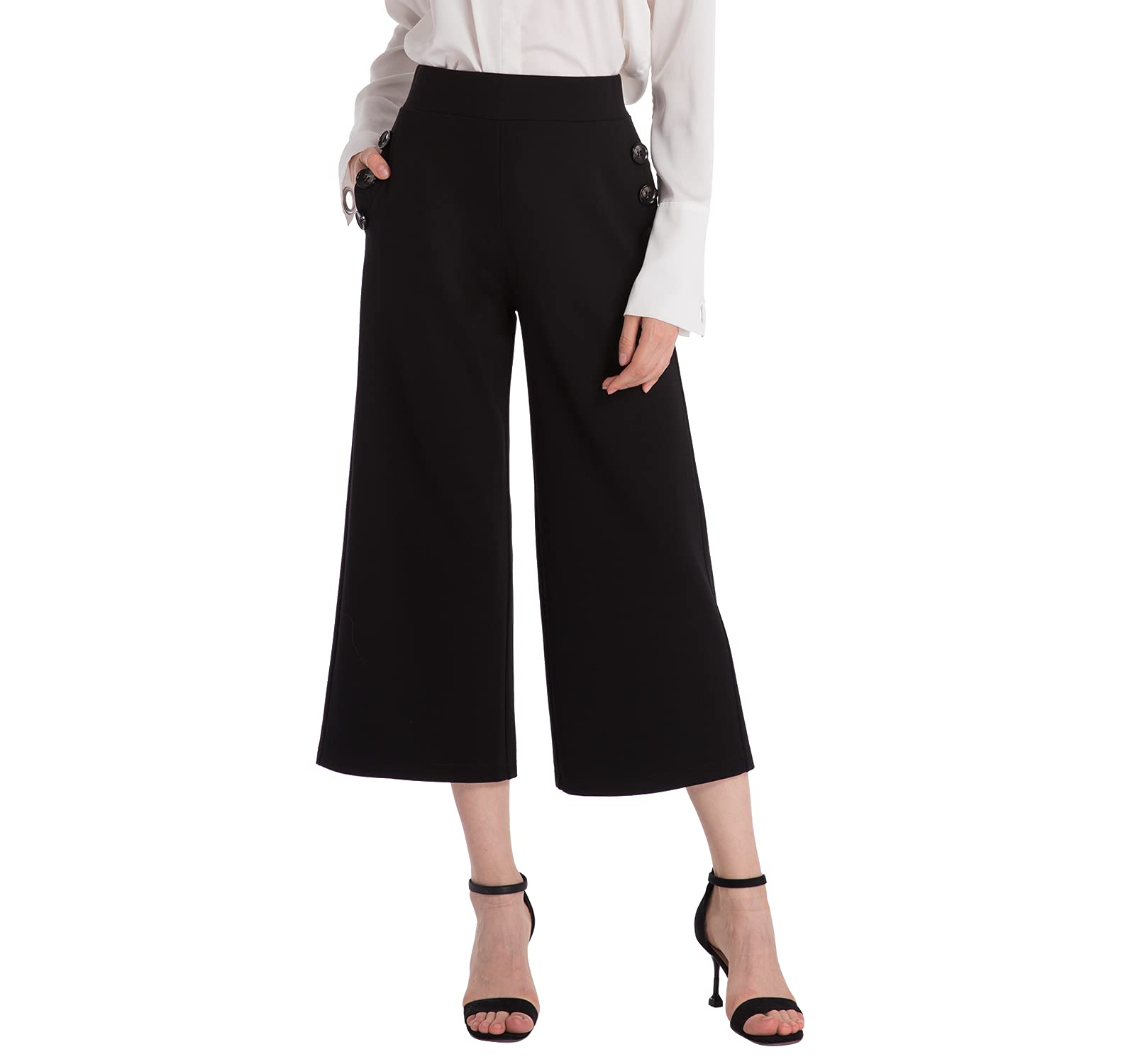 Ginasy Black Wide Leg Pants for Women Business Casual Dress Pants Stretch High Waist Crop Capris Culotte