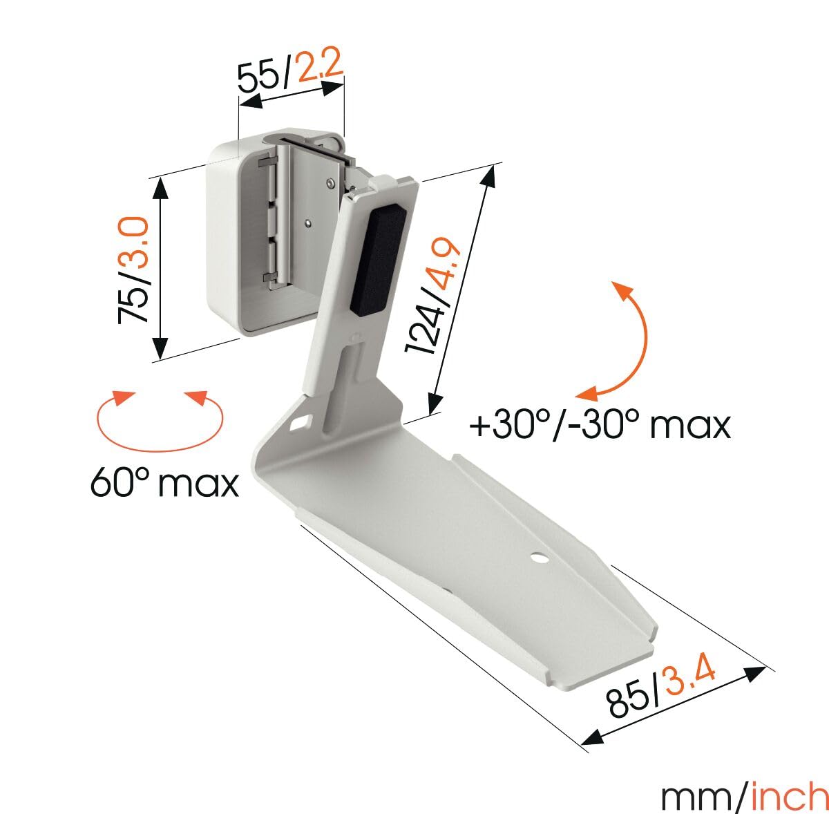 Vogel's SWM 4131 Supporto da parete per altoparlanti per Sonos ERA 300, max. 5 kg, inclinabile -30º/+30º, orientabile fino a 60º (sinistra/destra), bianco
