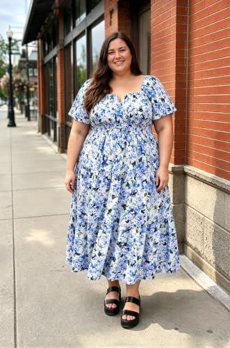 Image of RITERA Plus Size Dresses for Curvy Women Square Neck Short Sleeve Summer Floral Smocked Maxi Dress with Pocket XL-5XL