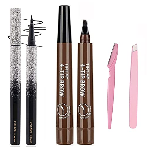 Youtre Eyebrow Tattoo Pencil with Eyeliner Pen, Drawing Eyebrow Pencil Eye Makeup Long Lasting Waterproof & Smudgeproof 2 Styles ( (Dark BrownBlack)