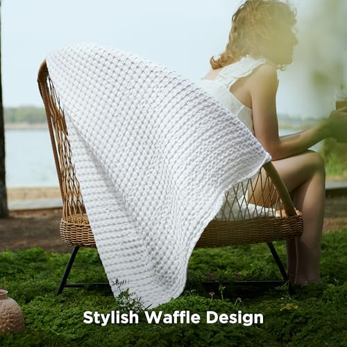 Image of Bedsure Cooling Cotton Waffle Weave Blanket - Lightweight Breathable Blanket of Rayon Derived from Bamboo for Hot Sleepers, Luxury Throws for Bed, Couch and Sofa, White, 50x70 Inches