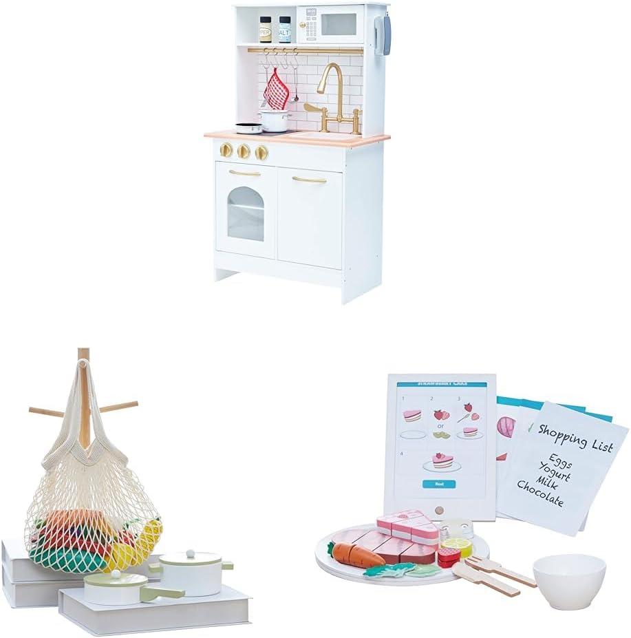 Teamson Kids Boston Farmhouse Kitchen Set with 27-Pc. Tablet Food Set & 21-Pc. Wooden Produce – Pretend Play Kitchen with Accessories for Toddlers Ages 3+, White/Gold
