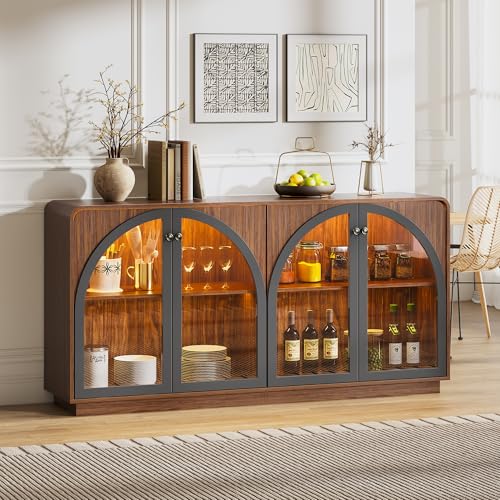 Image of Sideboard Buffet Cabinet with Storage, 68 inch Walnut Credenza Accent Cabinet Buffet Table w /4 Arched Glass Doors & LED Light, Modern Coffee Bar Liquor Cabinet w /2 Shelves for Kitchen Entryway