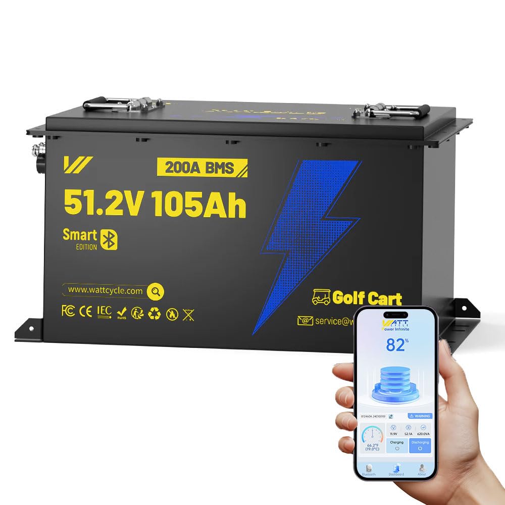Wattcycle 48V 105Ah LiFePO4 Lithium Battery for Golf Cart, All Metal Frame Built-in Bluetooth & 200A BMS & Mobile Monitor, Range of 70 Miles 15000+ Deep Cycles LiFePO4 Lithium Batterys 48Volt Kit
