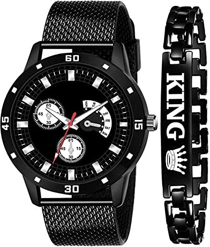 CORXIL Mens Premium Stylish PU Strap Black Analog Watch for Men and King Bracelet (B09SZF28Q3) Amazon Price History, Amazon Price Tracker