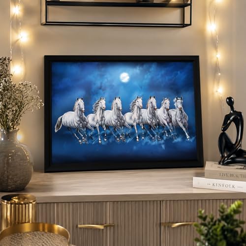 LIFEHAXTORE® Seven Lucky Running Vastu Horses Art Framed Painting - (Ocean Blue, 12 Inch x 18 Inch)