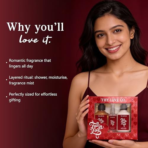 Image of THE LOVE CO. Fall in Love Gift Set for Women | Body Wash, Body Lotion & Body Mist | Bath & Body Care Pampering Hamper Pack of 3 | Birthday, Anniversary Gifts | Self Care Kit