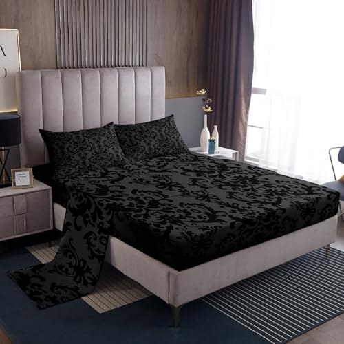 Erosebridal Adults Black Grey Damask Bedding Set Antique Victorian Baroque Bed Sheets Queen Size Gothic Vintage Floral Sheet Set Bohemian Exotic Fitted Sheet Gray Flat Sheet 2 Pillow Cases Room Decor