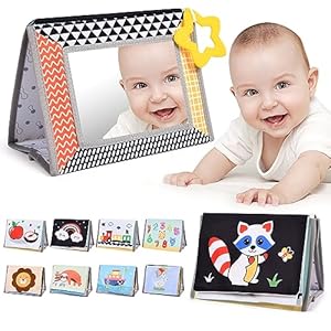 Baby Mirror Toys for Tummy Time, Baby Mirror Toys with Teethers&Black and White High Contrast Book, Montessori Toys for Early Development, Newborn Sensory Toy for Boys Girls Baby Gift(Lions)