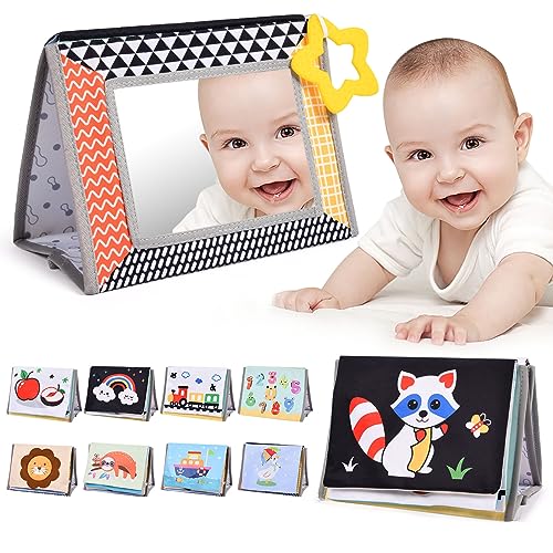 Image of Aolso Tummy Time Mirror Baby Toys, High Contrast Crinkle Cloth Book with Teether for 0 3 6 Months Babies Boys Girls, Montessori Newborn Sensory Toys Activity Book for Shower Gifts