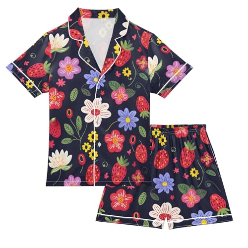 ALAZA Flower Strawberry Floral Black Pajamas Satin Pajama Set Short Sleeve Button Down Sleepwear