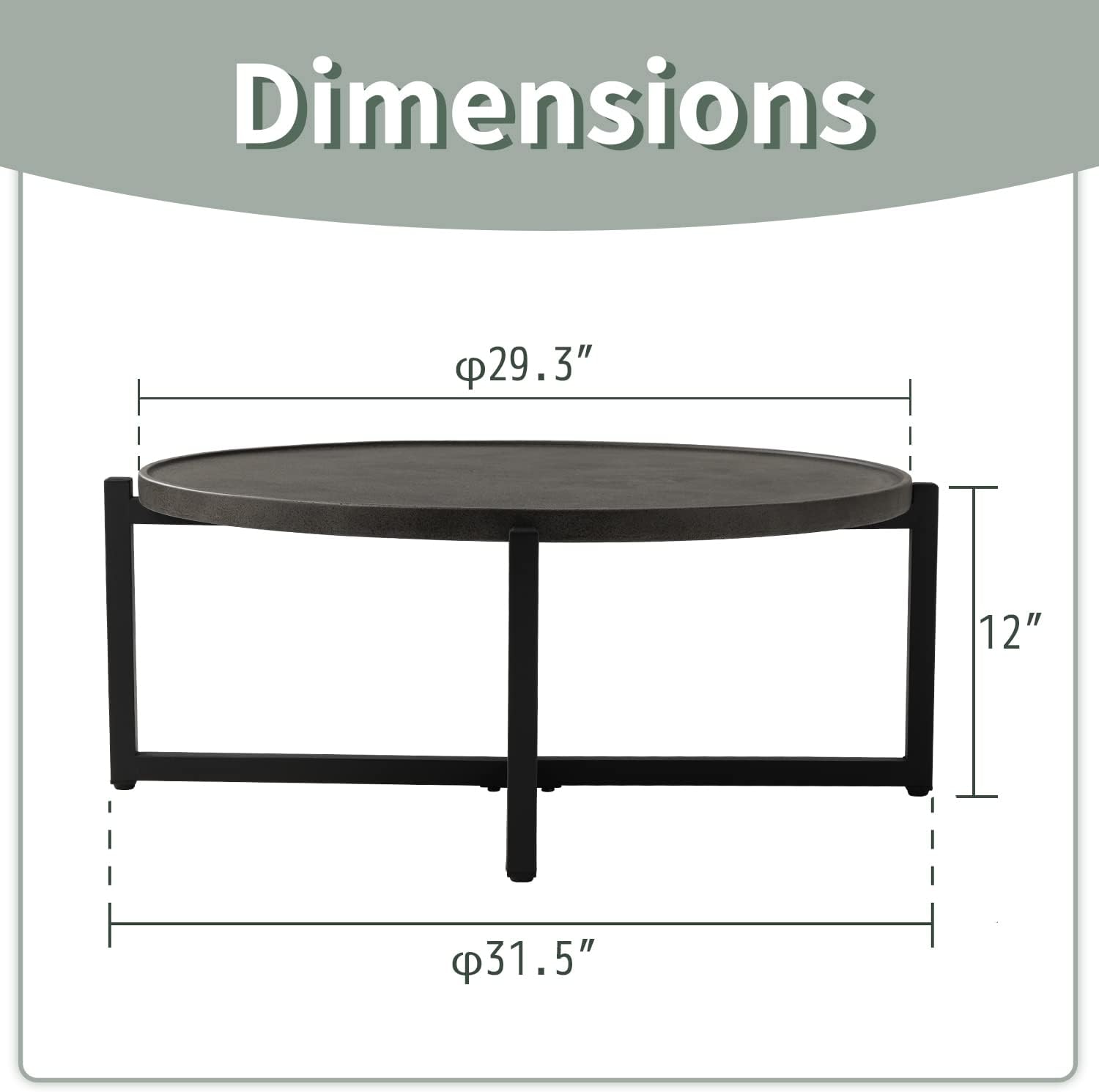 SUNBURY Outdoor Coffee Table Dark Grey, Round Top 12''H x 31.5''W Patio Coffee Table Concrete Finish, Cross Member Support w 4 Legs, Metal Frame