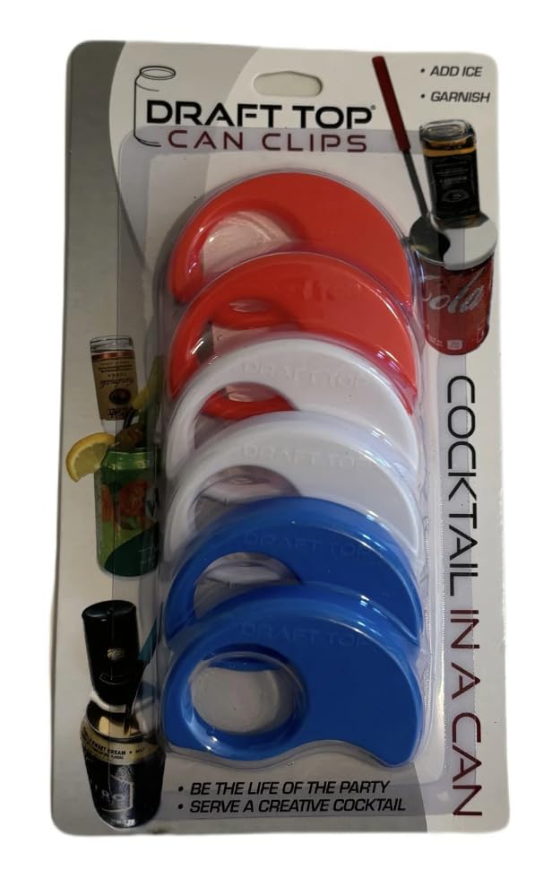 Draft Top Can Clips - Topless Can Clip for Mini-Bottles - Clip & Sip Bar Tool for Topless Cans, Mixer Tool, Barware Fits 12oz to 19 Oz Cans (Red, White & Blue)