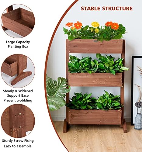 COSTWAY 3-Tier Raised Garden Bed, Vertical Flower Pots Rack with Detachable Ladder and Adjustable Shelf, Wooden Elevated Planters Stand for Indoor Outdoor