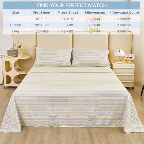 Image of Mooreeke Striped Full Bed Sheets, Deep Pocket 4 Piece Full Sheet Set, Soft Microfiber Blue Yellow Pinstripe Bedding Sheets & Pillowcases