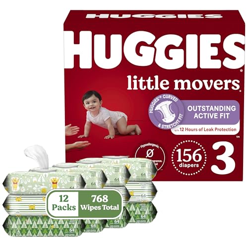 Image of Huggies Little Movers & Wipes Bundle: Size 3 (16-28 lbs), 156 Diapers (6 Packs of 26) & 768 Wipes (12 Packs of 64)