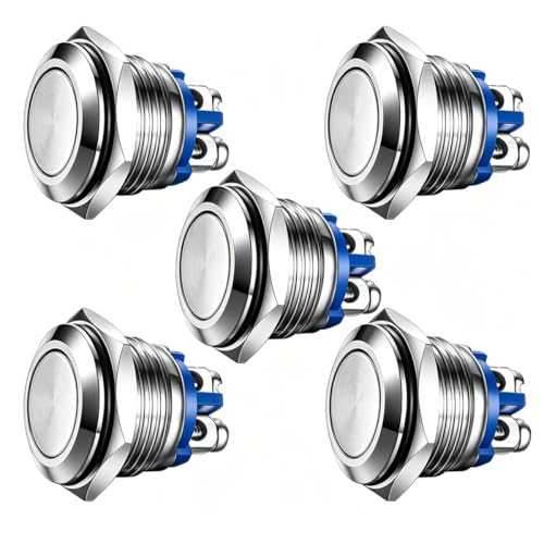 Gebildet 5pcs Bouton Poussoir momentané Bornes à vis en Acier Inoxydable Bouton étanche à l'eau 16mm 2A 12V/24V/125V/250V(Tête Plate)