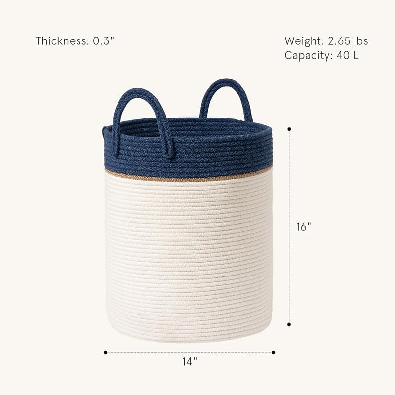 Image of Storage Cotton Rope Basket and Laundry Hamper for Dirty Clothes, Towels, Blankets, Pillows Storage in Living Room, Laundry Room and Bedroom (Blue White, 14x16 Inch)