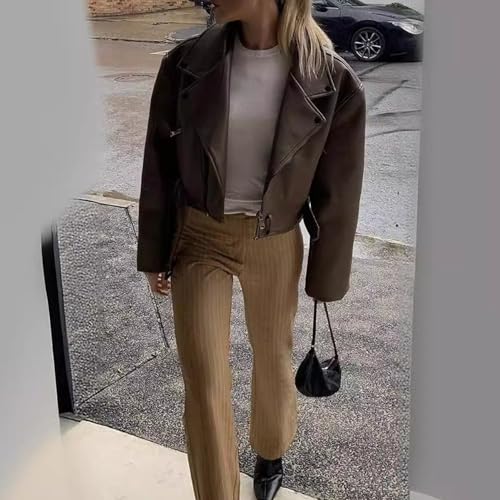 JEKE-DG Women's Faux PU Oversize Fashion Coat Cropped Casual Biker Coat Jacket Blazer Collar Solid Outerwear with Belt4