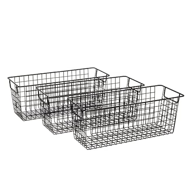 3 Pack Metal Wire Storage Baskets for Shelves, Pantry, Closet, Long Narrow Organizer Bin (Black, 16 x 6 x 6 In)