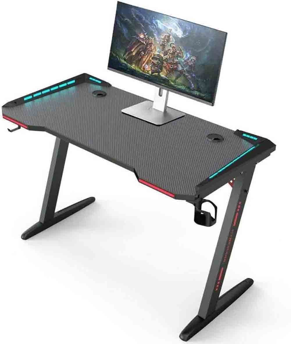 RUQIWEMI Gaming Table Desk with LED RGB Lights, 140cm PC Computer Desk Z Shaped Gamer Home Office Computer Desk Table with Handle Rack Cup Holder & Headphone Hook (140X60X75cm,Black,Z)