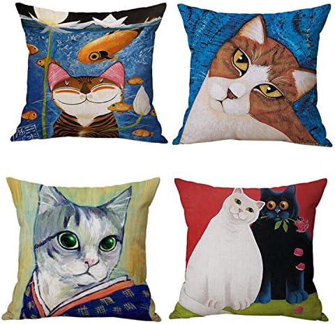 JES&MEDIS Cute Cartoon Cat Pattern Linen Cotton Throw Pillow Case Home Decorative Pillowcase Cushion Cover for Sofa Bed,18" x 18",4 PCS Set
