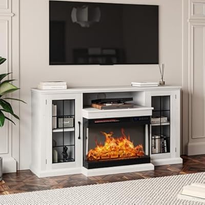 LEMBERI 3-Sided Glass Fireplace TV Stand for TVs up to 65'' with 12 Color, Media Entertainment Center Console Table with Doors Closed Storage, Perfect tv stand with fireplace for living room