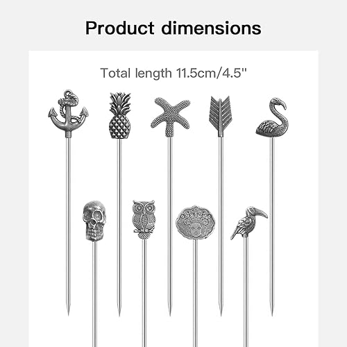 Miniatura 2 de Juego de 9 palillos de cóctel de Martini reutilizables de aceituna para adornar brochetas de frutas (plata antigua)