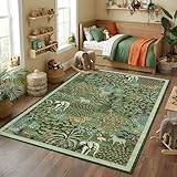 GarveeHome Jungle Animal Print Rug 5x7 Washable Area Rugs for Living Room, Forest Rug Non Slip Low Pile Stain Resistance Large Throw Carpet for Bedroom Dining Room Kids Playroom Nursery, Forest Green