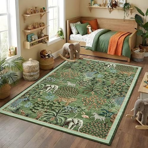 GarveeHome Jungle Animal Print Rug 5x7 Washable Area Rugs for Living Room, Forest Rug Non Slip Low Pile Stain Resistance Large Throw Carpet for Bedroom Dining Room Kids Playroom Nursery, Forest Green