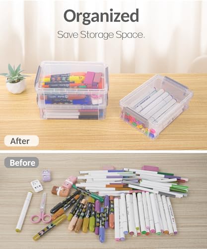 Image of Sooez 6 Pack Extra Large Pencil Box, Plastic Pencil Case Crayon Box Bulk, Clear Marker Organizer Plastic Containers with Lid, Stackable Storage Boxes for Art Craft, Pen, Back to School Supplies, Black