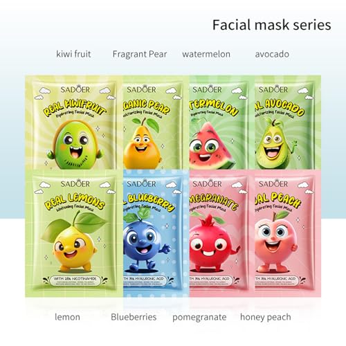 8 Pack Fruit Face Masks for Kids, Hydrating Face Masks, Sheet Masks, Facial Mask Skincare Set, Moisturizing Brighten Soothing for All Skin Types, Spa Birthday Party Supplies for Girls Women Men - Image 3