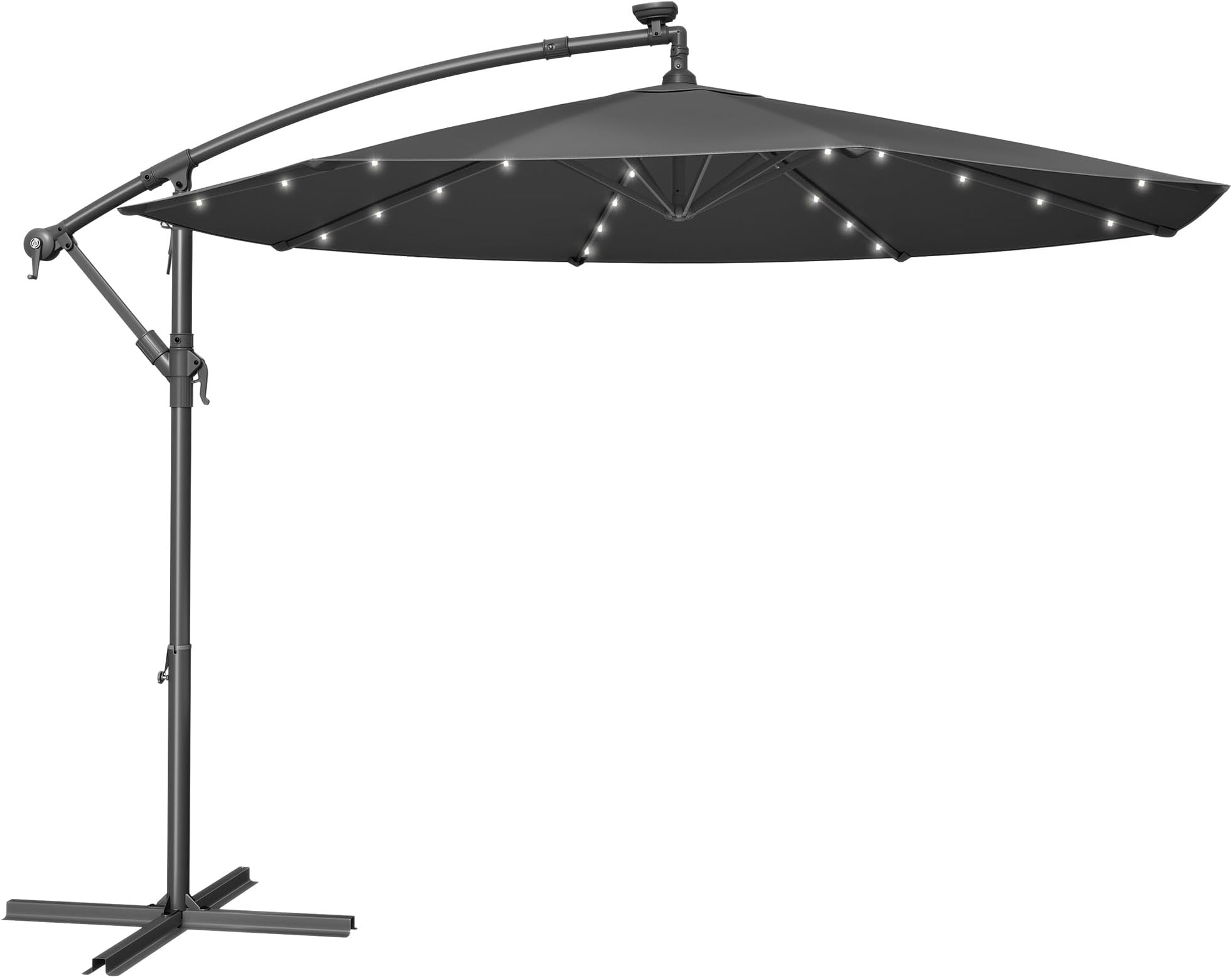 SONGMICS Cantilever Garden Patio Parasol Umbrella with Base, 3m Offset Parasol, Banana Hanging Umbrella, Sunshade UPF 50+, Crank for Opening Closing, 32 Solar-Powered LED Lights, Grey GPU118G01V1