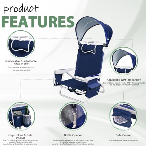 Image of Romswi Extra Wide Beach Chair with Canopy Shade, 1 Pack Aluminum Folding Chairs with Detachable & Adjustable Umbrella, 5-Position Lay Flat, Cooler Bag, Cup & Phone Holder, Towel Bar, Navy Blue