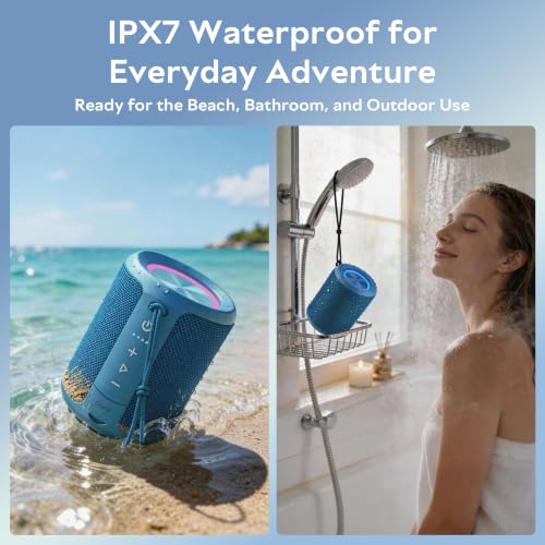 Image of Portable Bluetooth Speaker,IPX7 Waterproof Wireless Speaker with 20W Loud Stereo Sound,15H Playtime & Beat-Synced RGB Light, Small Outdoor Speaker for Shower,Pool,Beach,Hiking,Gifts(Cerulean)