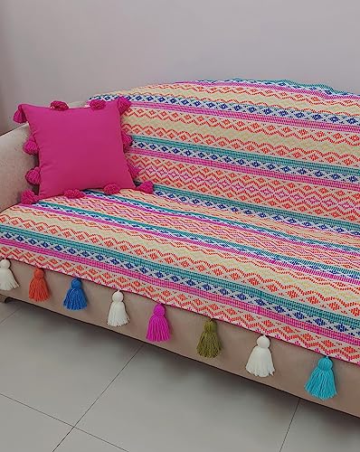 Image of Rainbow Aztech Tassel Sofa Cover:Sofa Protector:Heavy Weight Performance Fabric, AntiSlip, Scratch Resistant:Seat & Front Back Protection -Set of 3 Seat Covers- 6 Seater Sofa Cover Set (3+2+1 Seater)
