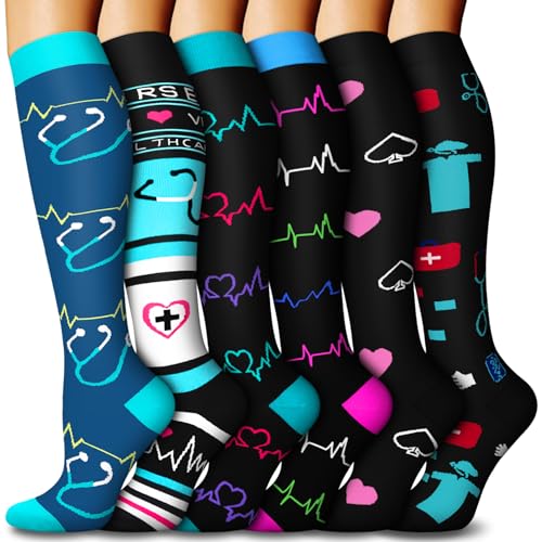 Image of FuelMeFoot 6 Pairs Compression Socks for Women & Men 15-20mmHg Graduated Support Knee High Socks for Nurses, Travel, Athletic