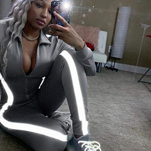 iYBUIA Women Yoga Fitness Motion Workout Reflective Patchwork Long Sleeve Tight Jumpsuit Zipper Slim S-L Gray - Thumbnail 6